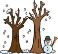 two cartoon bare trees in winter, with snow and snowman next to them